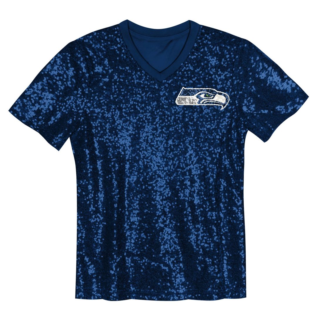 12 Fan Seattle Seahawks Girls Youth Sequin V-Neck Fashion Official Jersey - College Navy